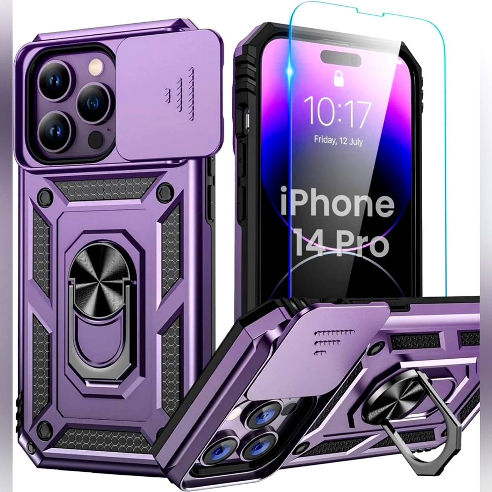 Goton - iPhone 14 Pro Case with Screen Protector, Slide Camera Cover - Purple